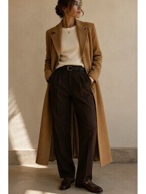 Vintage Womens Camel Long Wool Blend Coat Full Length Tailored Overcoat